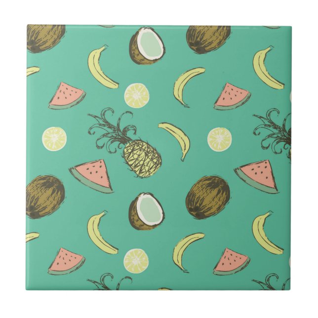 Tropical Fruit Doodle Pattern Ceramic Tile (Front)