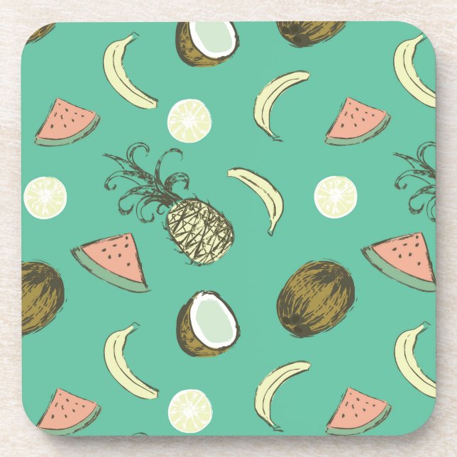 Tropical Fruit Doodle Pattern Drink Coaster (Front)