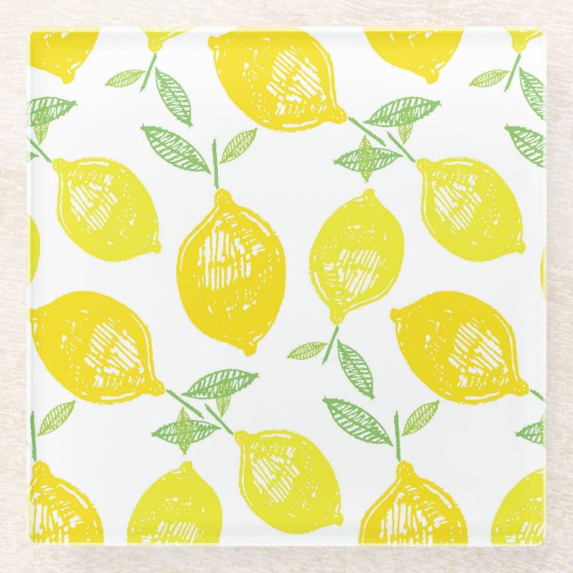 Tropical Fruit Doodle Pattern Glass Coaster (Front)