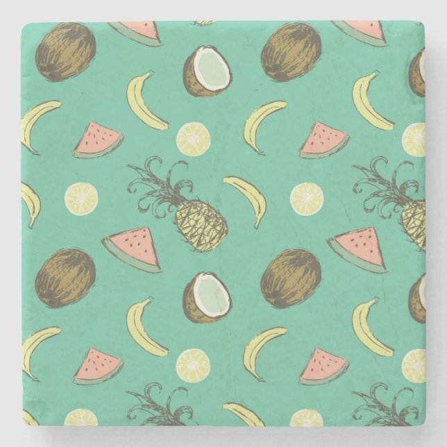 Tropical Fruit Doodle Pattern Stone Coaster (Front)