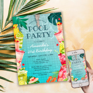 Tropical Fruit Drinks Pool Party Adult Birthday Invitation