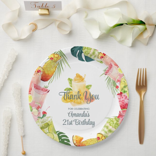 Tropical Fruit Drinks Pool Party Adult Birthday Paper Plates (Wedding)