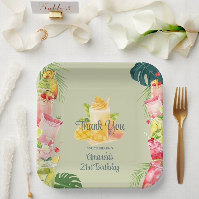 Tropical Fruit Drinks Pool Party Adult Birthday Paper Plates (Wedding)