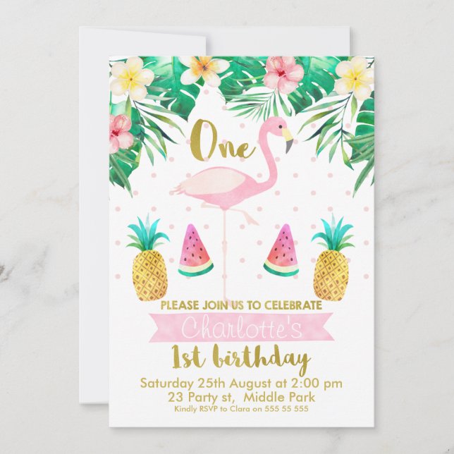 Tropical Fruit Flamingo 1st Birthday Invitation (Front)