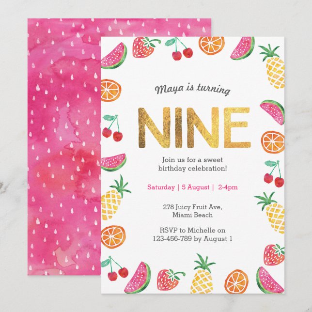 Tropical Fruit Gold 9th Birthday Invitation (Front/Back)