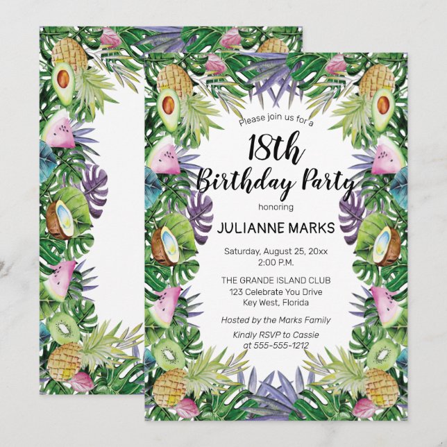Tropical Fruit Greenery Summer 18th Birthday Party Invitation (Front/Back)