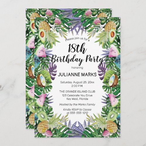 Tropical Fruit Greenery Summer 18th Birthday Party Invitation