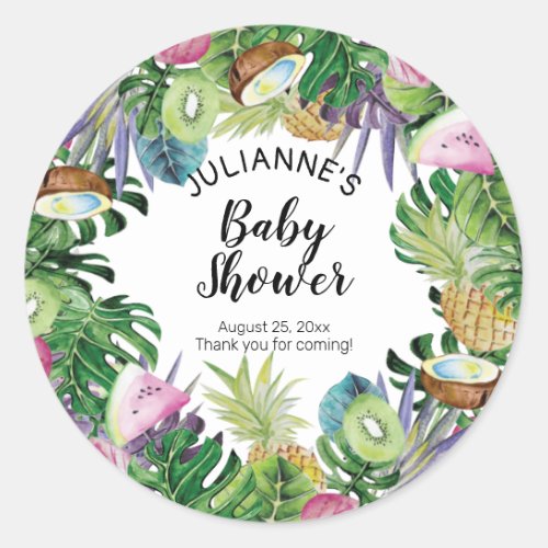 Tropical Fruit  Greenery Summer Baby Shower Classic Round Sticker