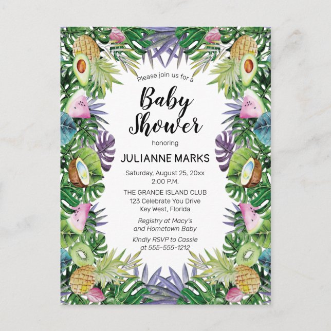 Tropical Fruit | Greenery Summer Baby Shower Invitation Postcard (Front)