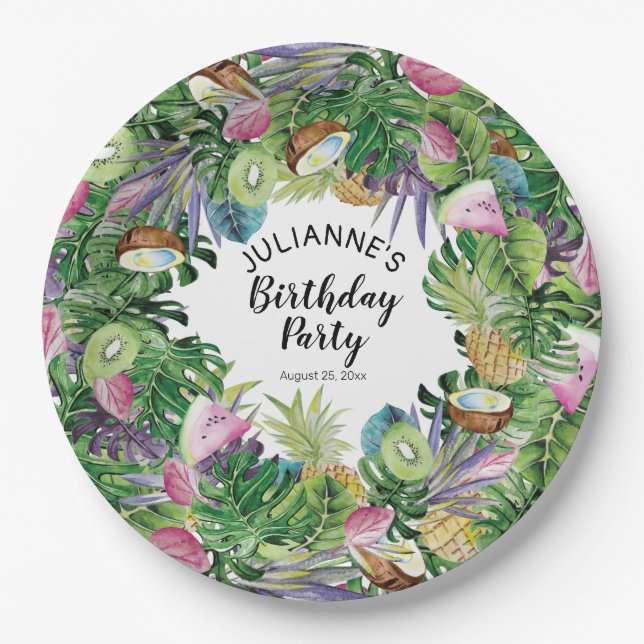Tropical Fruit | Greenery Summer Birthday Party Paper Plates (Front)