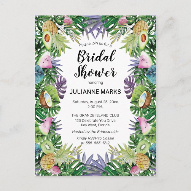 Tropical Fruit | Greenery Summer Bridal Shower Invitation Postcard (Front)