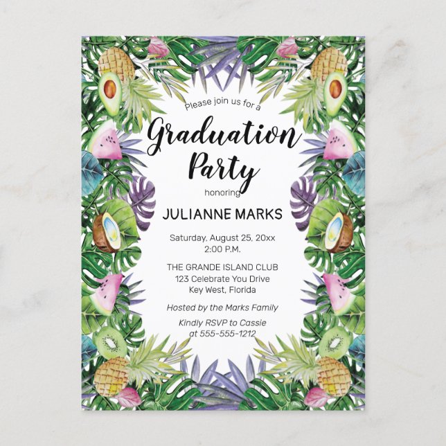 Tropical Fruit | Greenery Summer Graduation Party Invitation Postcard (Front)