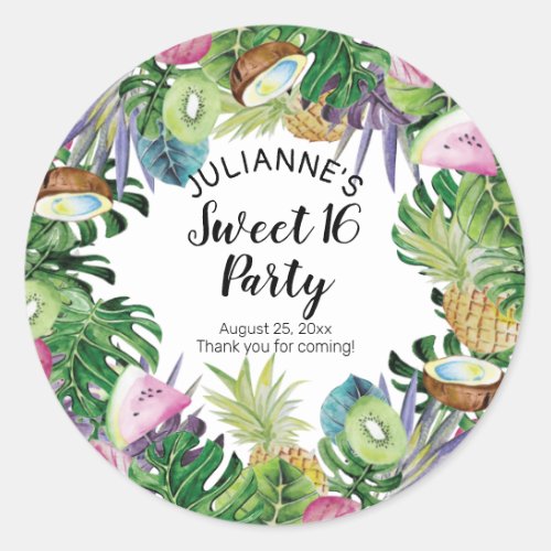 Tropical Fruit  Greenery Summer Sweet 16 Party Classic Round Sticker