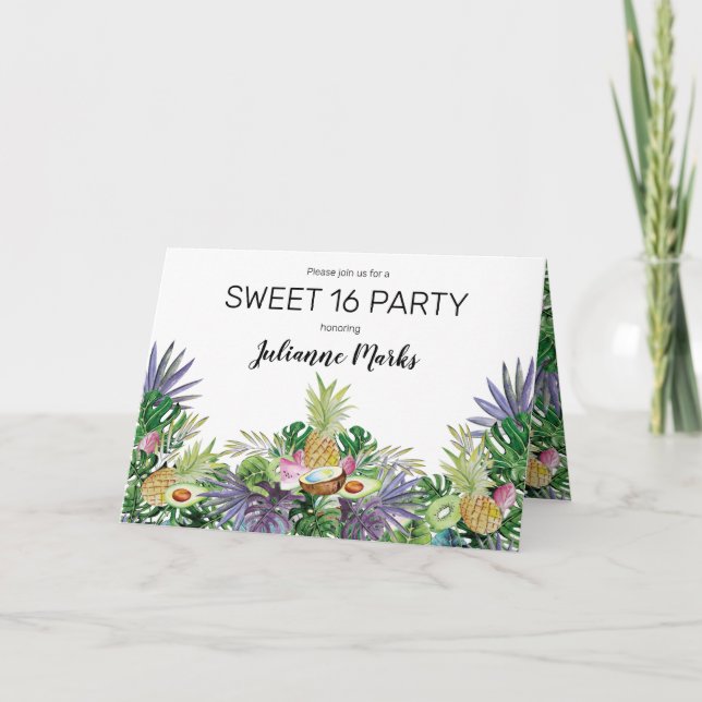 Tropical Fruit Greenery Summer Sweet 16 Party Invitation (Front)