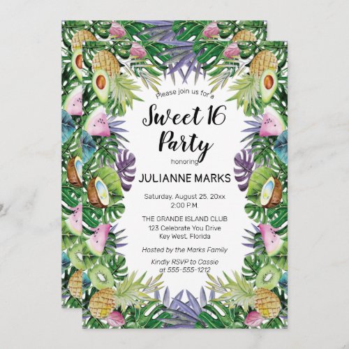 Tropical Fruit  Greenery Summer Sweet 16 Party Invitation