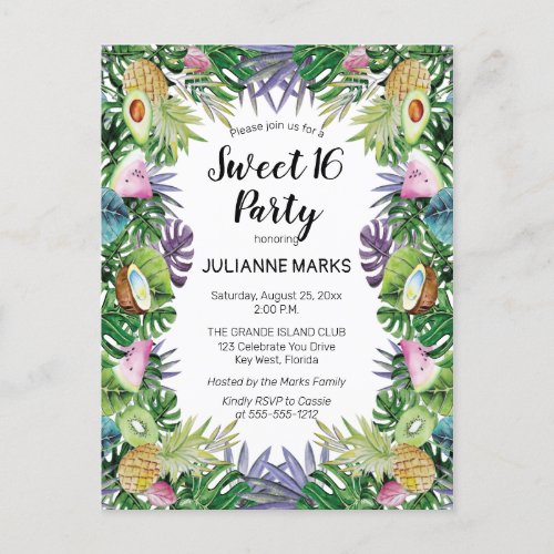 Tropical Fruit  Greenery Summer Sweet 16 Party Invitation Postcard