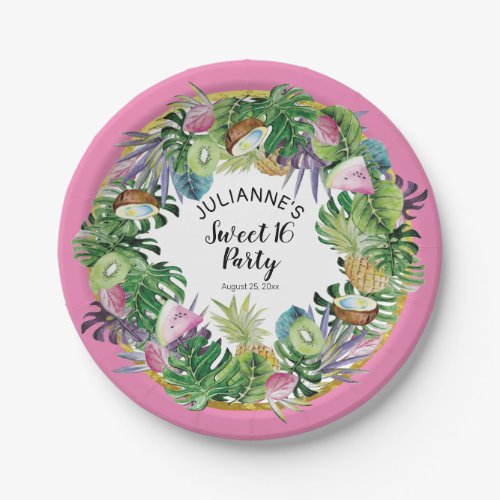 Tropical Fruit  Greenery Summer Sweet 16 Party Paper Plates