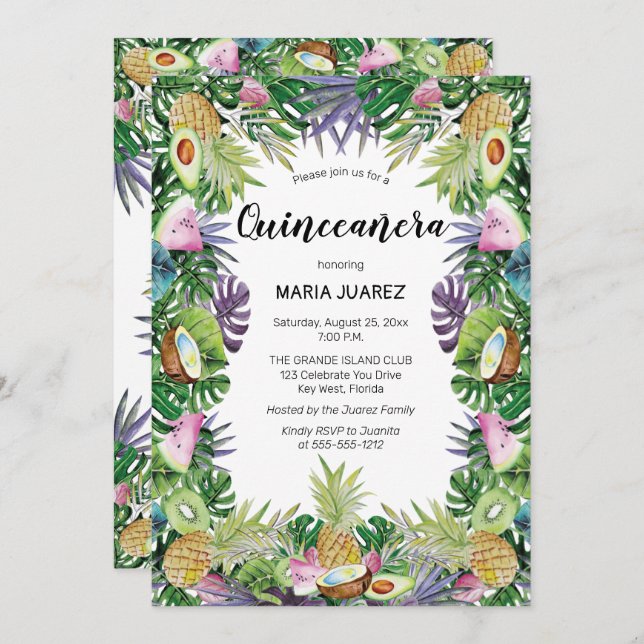 Tropical Fruit | Greenery Sunset Quinceañera Invitation (Front/Back)