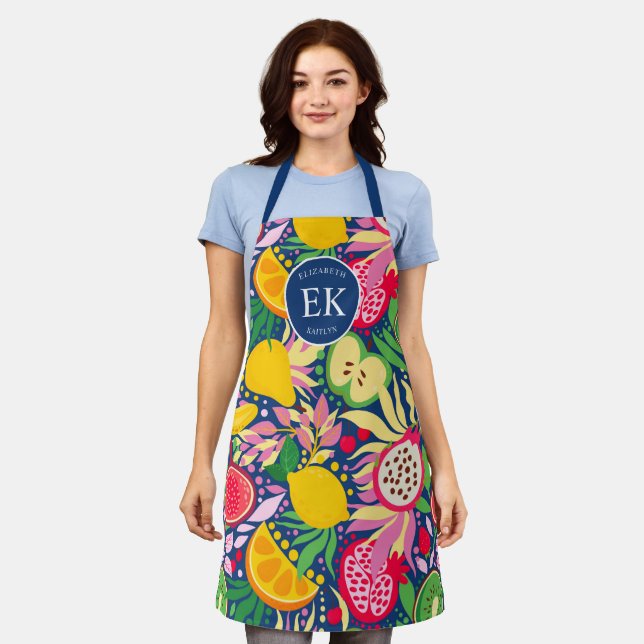 Tropical Fruit Monogram Watercolor Summer Pattern Apron (Worn)