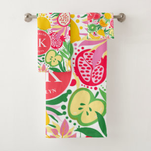Tropical Fruit Monogram Watercolor Summer Pattern Bath Towel Set