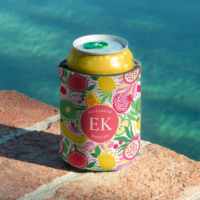 Tropical Fruit Monogram Watercolor Summer Pattern  Can Cooler (In Situ Pool)