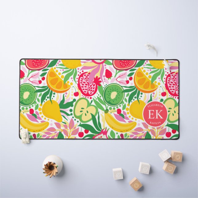 Tropical Fruit Monogram Watercolor Summer Pattern Desk Mat (Kids Table)