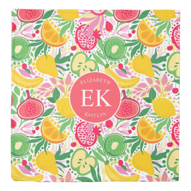 Tropical Fruit Monogram Watercolor Summer Pattern Duvet Cover (Front)