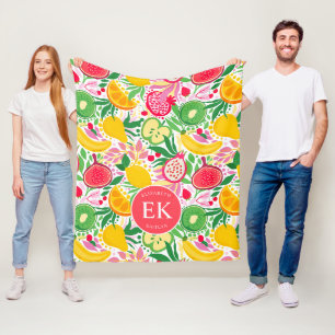 Tropical Fruit Monogram Watercolor Summer Pattern Fleece Blanket