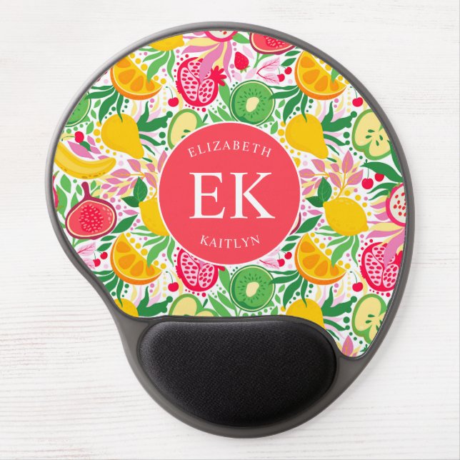 Tropical Fruit Monogram Watercolor Summer Pattern Gel Mouse Pad (Front)