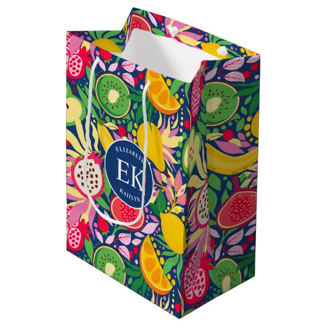 Tropical Fruit Monogram Watercolor Summer Pattern Medium Gift Bag (Front Angled)