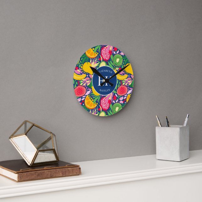 Tropical Fruit Monogram Watercolor Summer Pattern Round Clock (Office)