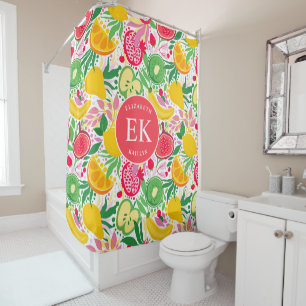 Tropical Fruit Monogram Watercolor Summer Pattern Shower Curtain