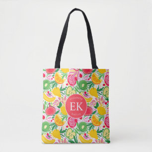 Tropical Fruit Monogram Watercolor Summer Pattern Tote Bag