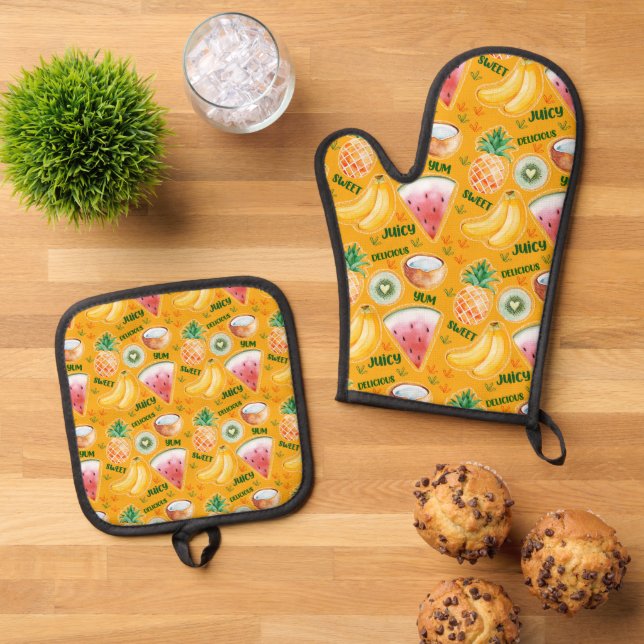 Tropical Fruit Oven Mitt & Pot Holder Set (Top Down)