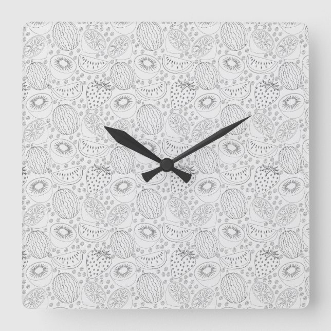 Tropical fruit seamless pattern black and white square wall clock (Front)