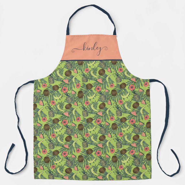 Tropical Fruit Sketch on Green Pattern Apron (Front)