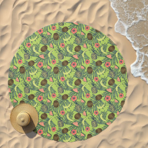 Tropical Fruit Sketch on Green Pattern Beach Towel