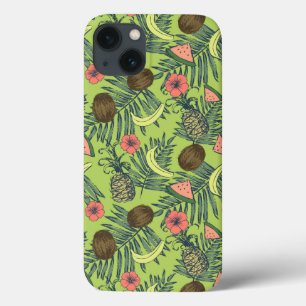 Tropical Fruit Sketch on Green Pattern iPhone 13 Case