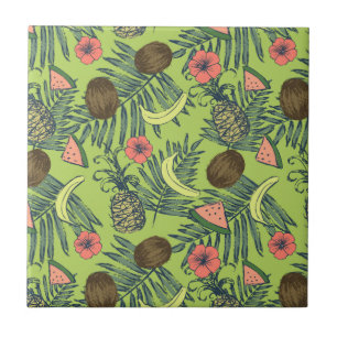Tropical Fruit Sketch on Green Pattern Ceramic Tile