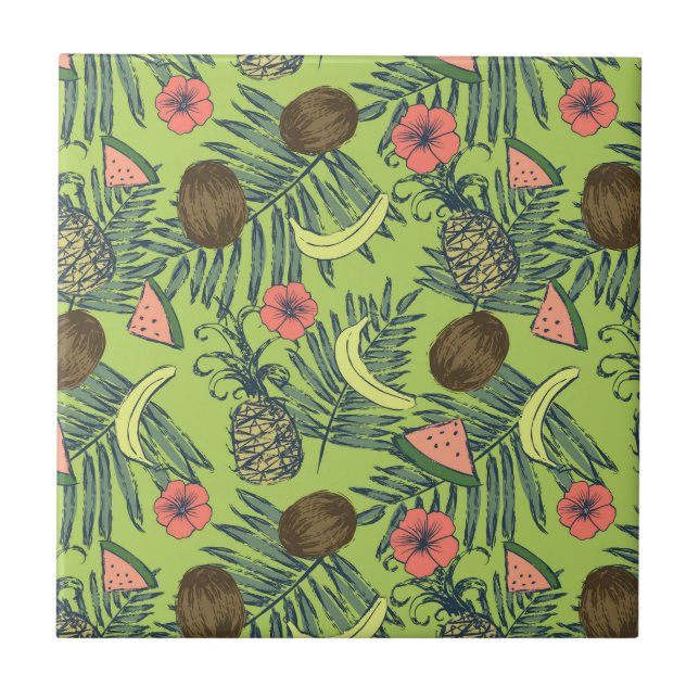 Tropical Fruit Sketch on Green Pattern Ceramic Tile (Front)