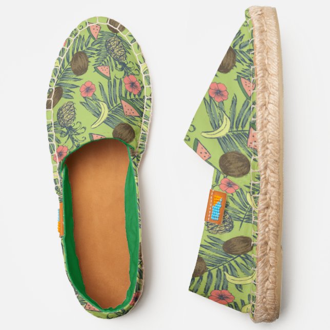 Tropical Fruit Sketch on Green Pattern Espadrilles (Side)