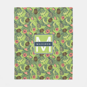 Tropical Fruit Sketch on Green Pattern Fleece Blanket