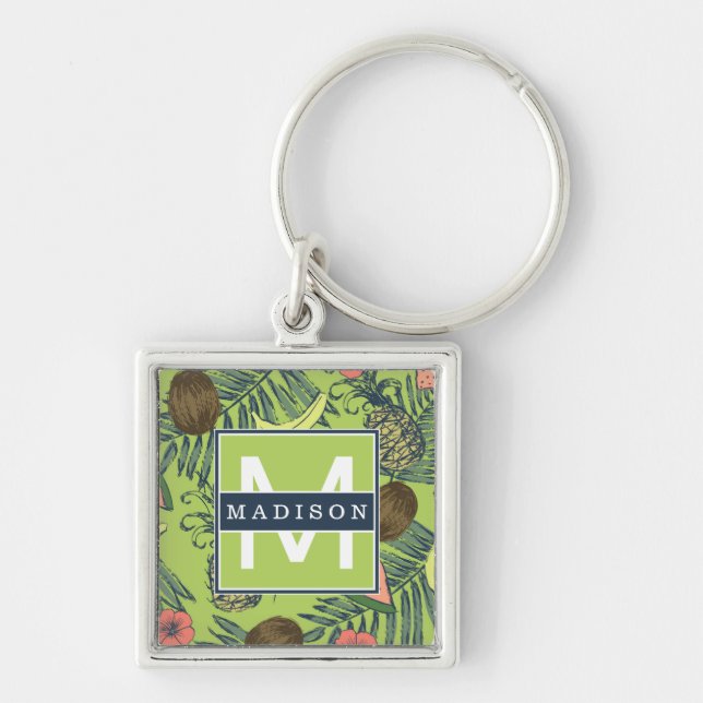 Tropical Fruit Sketch on Green Pattern Keychain (Front)