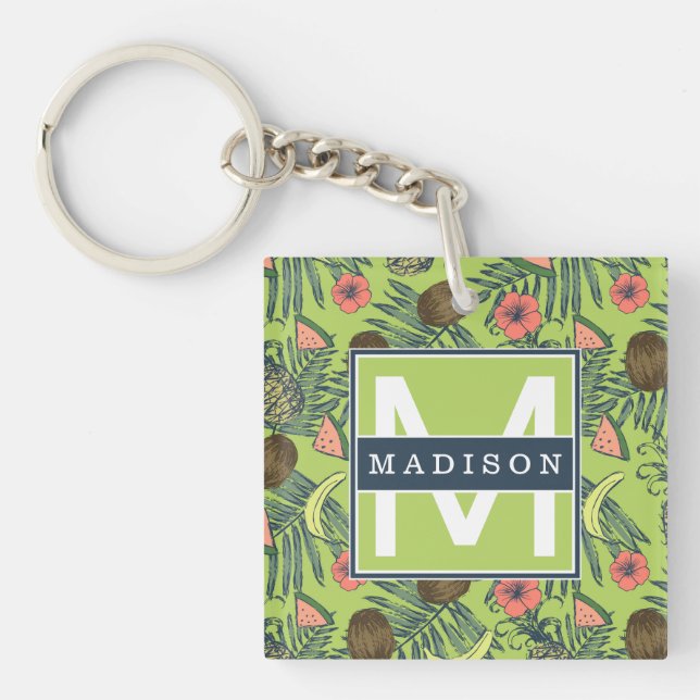 Tropical Fruit Sketch on Green Pattern Keychain (Front)