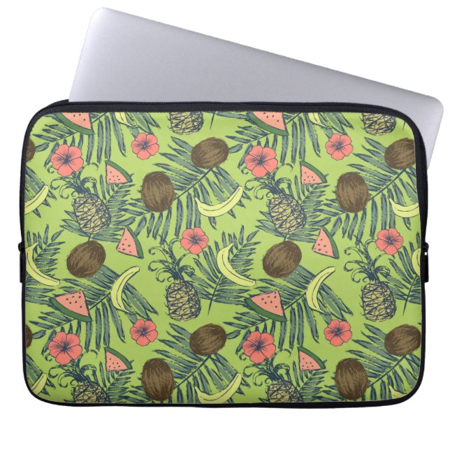 Tropical Fruit Sketch on Green Pattern Laptop Sleeve (Front)