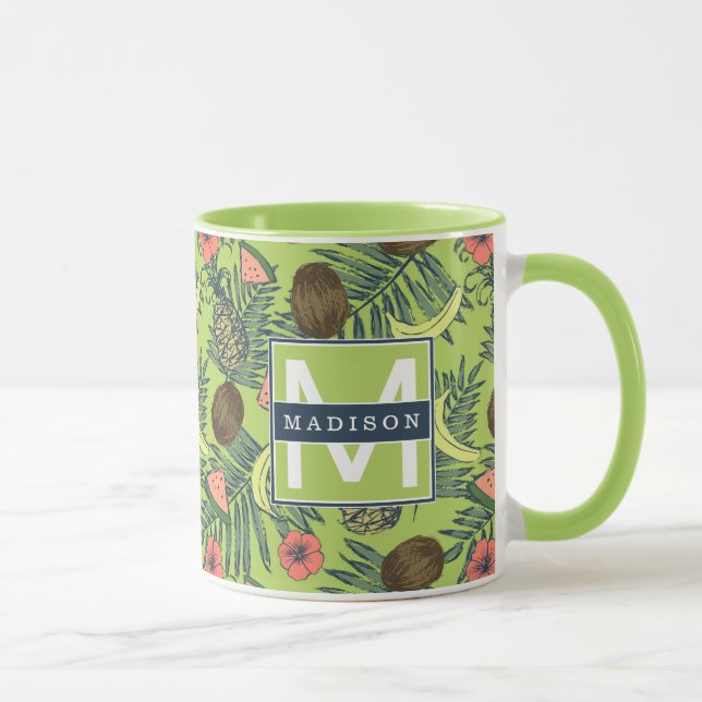 Tropical Fruit Sketch on Green Pattern Mug (Right)