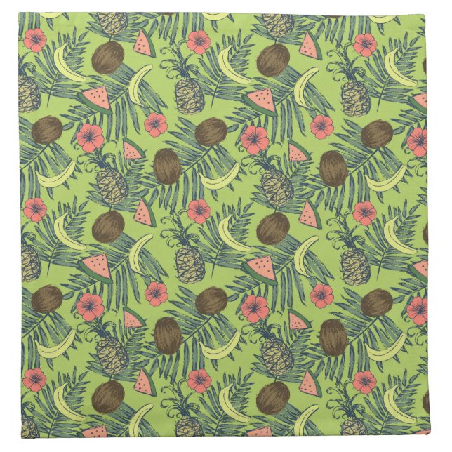 Tropical Fruit Sketch on Green Pattern Napkin (Front)