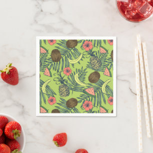 Tropical Fruit Sketch on Green Pattern Napkins
