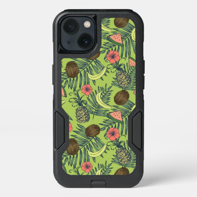 Tropical Fruit Sketch on Green Pattern Otterbox iPhone Case (Back)