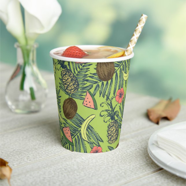 Tropical Fruit Sketch on Green Pattern Paper Cups (Insitu)
